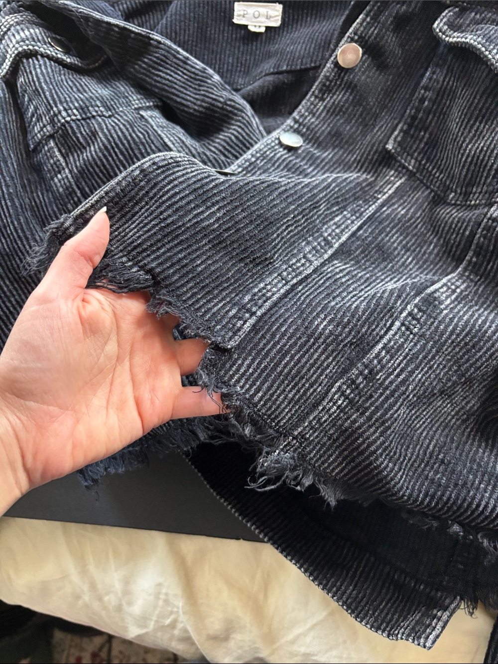 POL Cotton Distressed Corduroy Cropped Jean Jacket Frayed Chewed Raw Hem - Picture 6 of 8